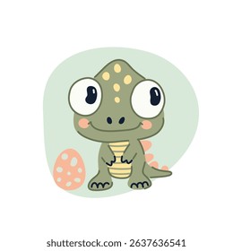 Cute cartoon green chameleon with egg. Vector illustration in flat style