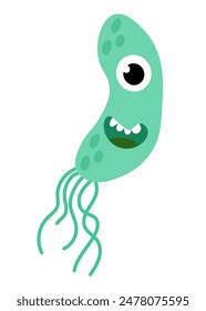 Cute cartoon green character bacteria, microbe, germ. Microbiology organism. Mascot expressing emotion. Vector children illustration in flat design.