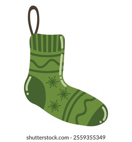 Cute cartoon green Christmas stocking in flat style. Christmas sock.