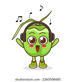 Cute cartoon green coconut character listening to music and enjoy. Vector character illustration icon isolated on white. green coconut Fruit cartoon mascot character Listening music on a headset