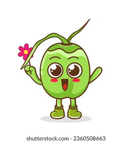 Cute cartoon green coconut fruit character holding flower