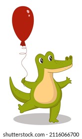 Cute cartoon green crocodile with a balloon. Merry alligator baby vector illustration