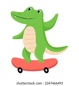 Cute cartoon green crocodile with long tail riding skateboard. Comic animal on personal transport vector illustration. Transportation, animal concept