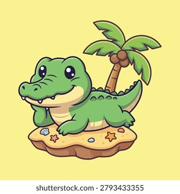 Cute Cartoon Green Crocodile Lying on Sandy Island with Palm Tree and Seashells Vector Illustration