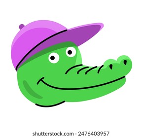 Cute cartoon green crocodile wearing a cap. Animal head portrait. Child character with a smile. Emblem and symbol. Flat vector illustration isolated on white background