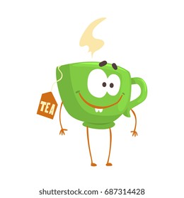 Cute cartoon green cup of tea with smiley face, funny fast food character vector Illustration