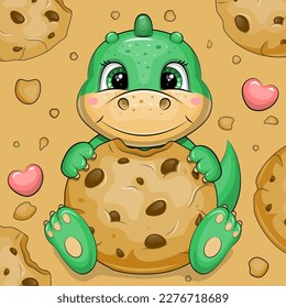 Cute cartoon green dinosaur eating a chocolate chip cookie. Vector illustration with an animal.