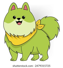 Cute cartoon green dog with a yellow bandana, happily smiling. Perfect for children's illustrations and playful designs