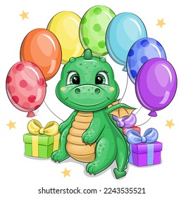 Cute cartoon green dragon with balloons and gifts. Vector illustration of an animal on a white background with yellow stars.