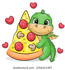 Cute cartoon green dragon with a big piece of pizza. Vector illustration of animal on a white background with red hearts.