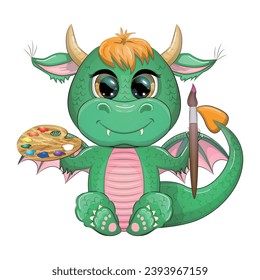 Cute cartoon green dragon with brushes and paints, artist. Symbol of 2024 according to the Chinese calendar