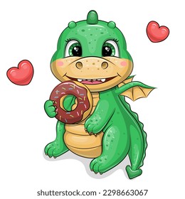 Cute cartoon green dragon eating a donut. Vector illustration of an animal on a white background with two red hearts.