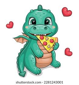 Cute cartoon green dragon eats a piece of pizza. Vector illustration of an animal with red hearts on a white background.