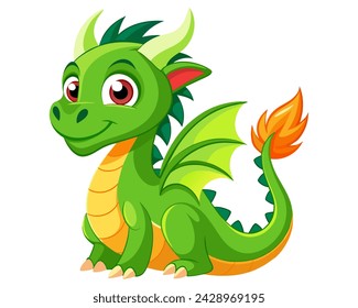 Lindo dragón verde de dibujos animados. Hada, libélula linda. Bebé dragón de fuego o dinosaurio lindo personaje aislado vector. Monstruo de cuento.