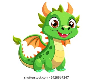 Lindo dragón verde de dibujos animados. Hada, libélula linda. Bebé dragón de fuego o dinosaurio lindo personaje aislado vector. Monstruo de cuento.