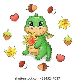 Cute cartoon green dragon with fallen leaves. Autumn vector illustration of an animal in a frame with hearts, nuts, leaves, acorns, mushrooms on a white background.