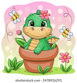 Cute cartoon green dragon in a flower pot with flowers and bees. Vector illustration of animal in nature.
