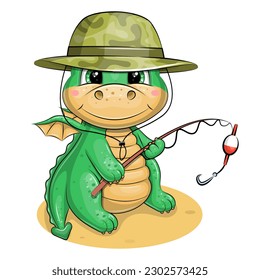 Cute cartoon green dragon with a hat and a fishing rod. Vector illustration of an animal on a white background.