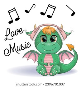 Cute cartoon green dragon in headphones listens to music. Symbol of 2024 according to the Chinese calendar