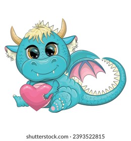 Cute cartoon green dragon with a heart, declaration of love, Valentines day. Symbol of 2024 according to the Chinese calendar