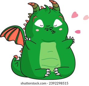 Cute cartoon green dragon with hearts. Enamored dragon. Kawaii. The symbol of 2024. Isolated illustrations. 