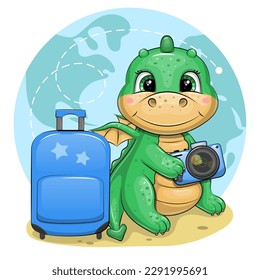A cute cartoon green dragon is holding a camera and sitting next to a luggage bag. Travel animal vector illustration on blue background with map.