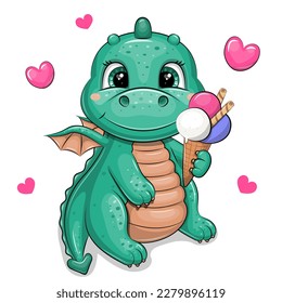 Cute cartoon green dragon and an ice cream  Vector illustration animal   hearts white background 