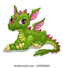 Cute cartoon green dragon, isolated vector illustration