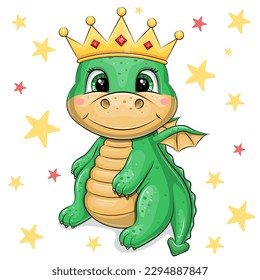 Cute cartoon green dragon king wearing a golden crown. Vector illustration of a royal animal on a white background with yellow and red stars.