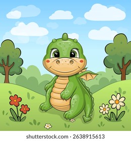 Cute Cartoon Green Dragon in Nature. Vector illustration of an animal with red and white flowers, grass and trees.