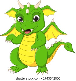 Cute cartoon green dragon on white background
