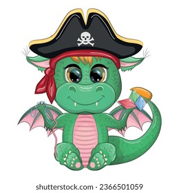 Cute cartoon green dragon pirate in a cocked hat. Symbol of 2024 according to the Chinese calendar