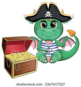 Cute cartoon green dragon pirate in a cocked hat. Symbol of 2024 according to the Chinese calendar