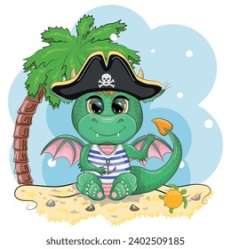 Cute cartoon green dragon pirate in a cocked hat. Symbol of 2024 according to the Chinese calendar