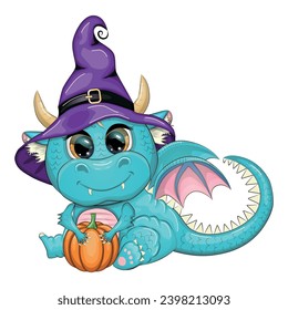 Cute cartoon green dragon in a purple magic hat, Halloween. Pumpkin, potion, broom. Symbol of 2024 according to the Chinese calendar. Mythical reptile monster