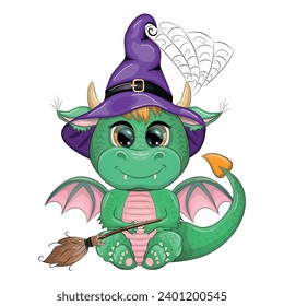 Cute cartoon green dragon in a purple magic hat, Halloween. Pumpkin, potion, broom. Symbol of 2024 according to the Chinese calendar. Mythical reptile monster