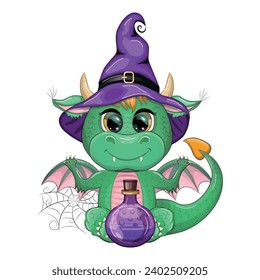 Cute cartoon green dragon in a purple magic hat, Halloween. Pumpkin, potion, broom. Symbol of 2024 according to the Chinese calendar. Mythical reptile monster