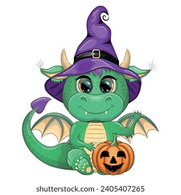 Cute cartoon green dragon in a purple magic hat, Halloween. Pumpkin, potion, broom. Symbol of 2024 according to the Chinese calendar. Mythical reptile monster