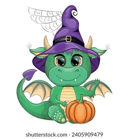 Cute cartoon green dragon in a purple magic hat, Halloween. Pumpkin, potion, broom. Symbol of 2024 according to the Chinese calendar. Mythical reptile monster