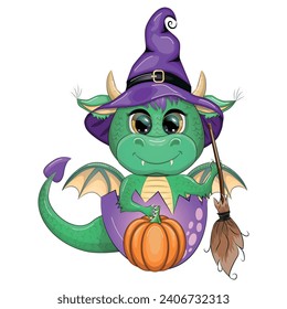 Cute cartoon green dragon in a purple magic hat, Halloween. Pumpkin, potion, broom. Symbol of 2024 according to the Chinese calendar. Mythical reptile monster