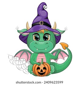 Cute cartoon green dragon in a purple magic hat, Halloween. Pumpkin, potion, broom. Symbol of 2024 according to the Chinese calendar. Mythical reptile monster