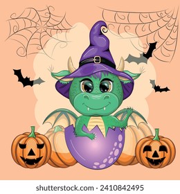 Cute cartoon green dragon in a purple magic hat, Halloween. Pumpkin, potion, broom. Symbol of 2024 according to the Chinese calendar. Mythical reptile monster