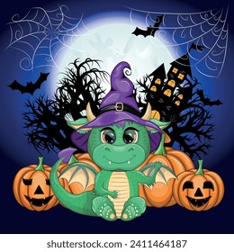 Cute cartoon green dragon in a purple magic hat, Halloween. Pumpkin, potion, broom. Symbol of 2024 according to the Chinese calendar. Mythical reptile monster