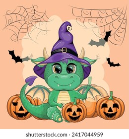 Cute cartoon green dragon in a purple magic hat, Halloween. Pumpkin, potion, broom. Symbol of 2024 according to the Chinese calendar. Mythical reptile monster
