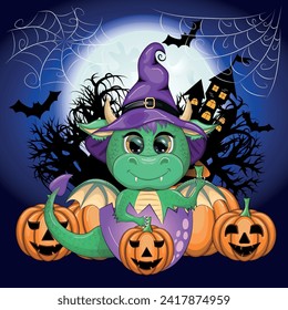 Cute cartoon green dragon in a purple magic hat, Halloween. Pumpkin, potion, broom. Symbol of 2024 according to the Chinese calendar. Mythical reptile monster