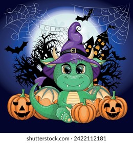 Cute cartoon green dragon in a purple magic hat, Halloween. Pumpkin, potion, broom. Symbol of 2024 according to the Chinese calendar. Mythical reptile monster