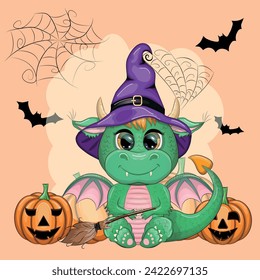 Cute cartoon green dragon in a purple magic hat, Halloween. Pumpkin, potion, broom. Symbol of 2024 according to the Chinese calendar. Mythical reptile monster