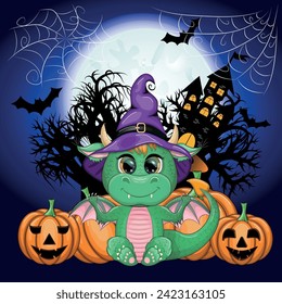 Cute cartoon green dragon in a purple magic hat, Halloween. Pumpkin, potion, broom. Symbol of 2024 according to the Chinese calendar. Mythical reptile monster