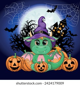 Cute cartoon green dragon in a purple magic hat, Halloween. Pumpkin, potion, broom. Symbol of 2024 according to the Chinese calendar. Mythical reptile monster