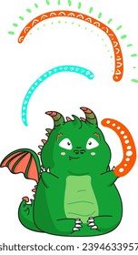 Cute cartoon green dragon with rainbow. Enamored dragon. Kawaii. The symbol of 2024. Isolated illustrations. The little dragon is holding a rainbow in his hands.  